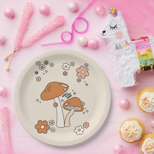 Pilze und Blume Erdtöne Beige Retro 70er Pappteller (Party)