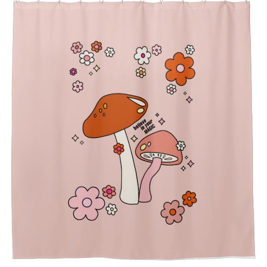 Pilze und Blume Peach Art Retro 70er Duschvorhang (Vorderseite)