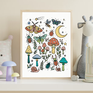 Pilze und Bugs Nachtwald-Kinderzimmer Poster