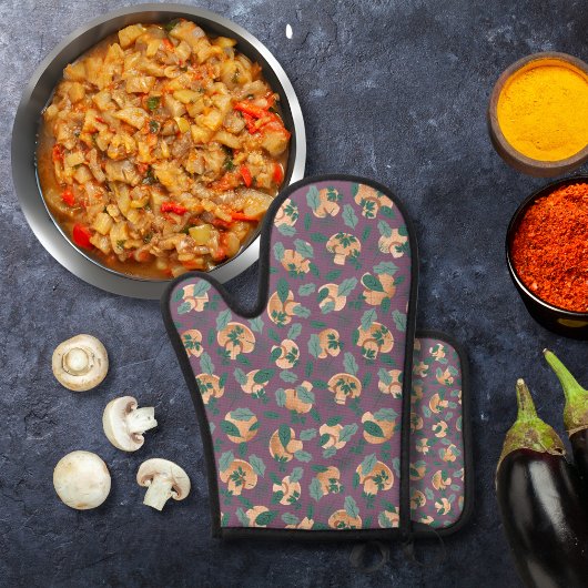Pilze und weiche Grüntöne lila Ofenhandschuh & Topflappen-Set