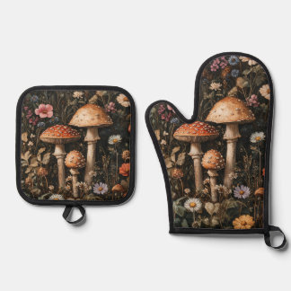Pilze und Wildblumen, botanisch Ofenhandschuh & Topflappen-Set