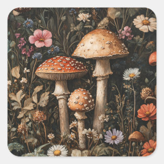 Pilze und Wildblumen, botanisch Quadratischer Aufkleber