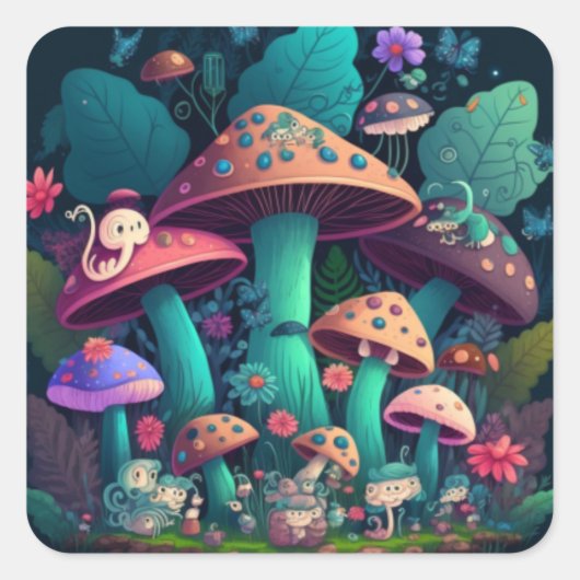 Pilzelfen im Feld Quadratischer Aufkleber (Vorderseite)