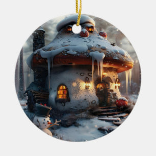 Pilzhaus im Schnee Keramik Ornament