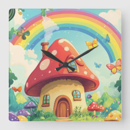 Pilzhäuser und Regenbogen 10 Quadratische Wanduhr