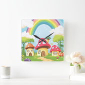 Pilzhäuser und Regenbogen 11 Quadratische Wanduhr (Zuhause)