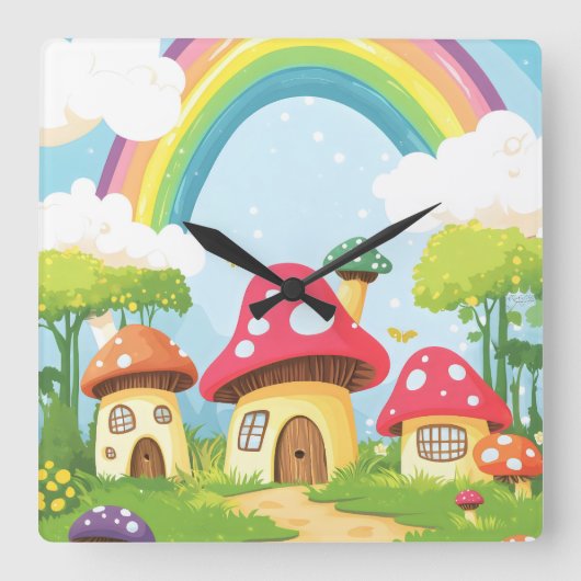 Pilzhäuser und Regenbogen 11 Quadratische Wanduhr (Vorderseite)