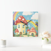 Pilzhäuser und Regenbogen 12 Quadratische Wanduhr (Zuhause)