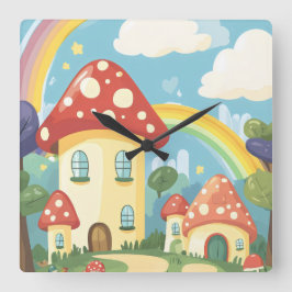 Pilzhäuser und Regenbogen 12 Quadratische Wanduhr