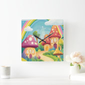 Pilzhäuser und Regenbogen 13 Quadratische Wanduhr (Zuhause)