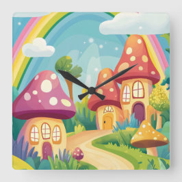 Pilzhäuser und Regenbogen 13 Quadratische Wanduhr