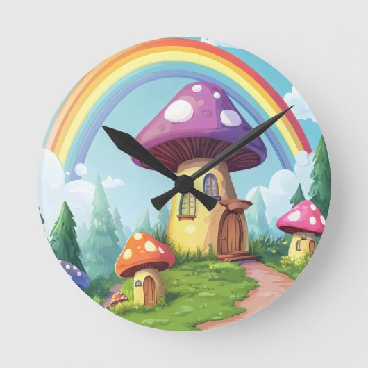 Pilzhäuser und Regenbogen 14 Runde Wanduhr (Vorderseite)