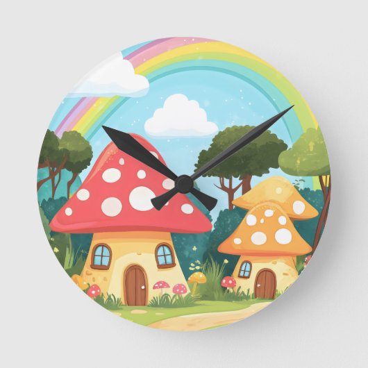 Pilzhäuser und Regenbogen 15 Runde Wanduhr (Vorderseite)