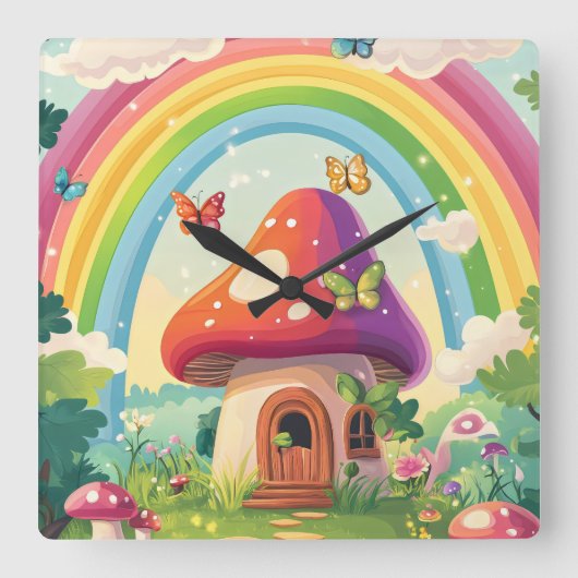 Pilzhäuser und Regenbogen 9 Quadratische Wanduhr (Vorderseite)