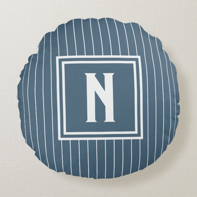 Pin Stripe - Navy + White Rundes Kissen (Vorderseite)