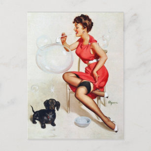 Pin-Up beim Seifenblasen Postkarte