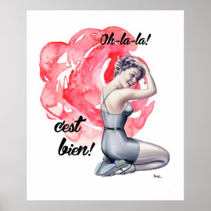 Pin-up-Girl mit Blumenhintergrund-Kunst-Druck Poster
