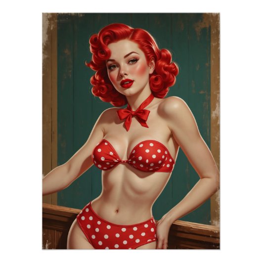 Pin-Up-Plakat mit roten Haaren und gepunktetem Bik Poster (Vorderseite)
