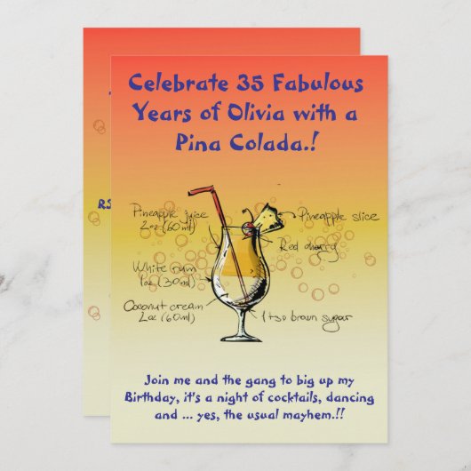 Pina Colada Geburtstagsparty Einladung (Vorne/Hinten)
