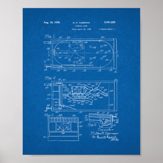 Pinball Game Patent - Blueprint Poster (Vorne)