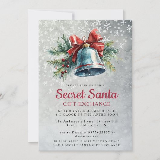 Pine and Bell Gray Secret Weihnachts-Party Einladung (Vorderseite)