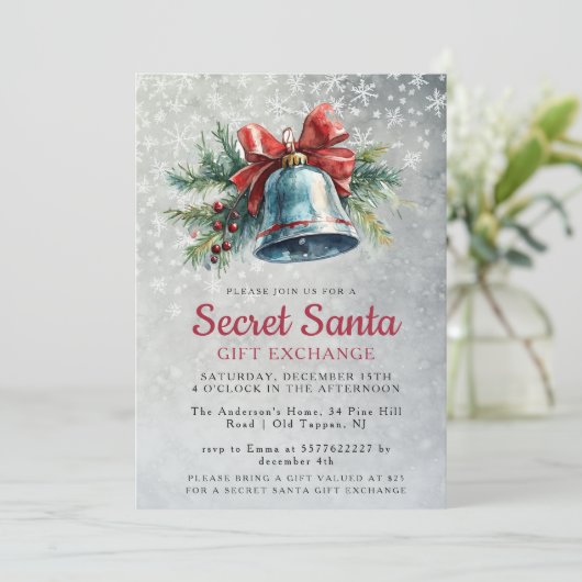 Pine and Bell Gray Secret Weihnachts-Party Einladung (Stehend Vorderseite)