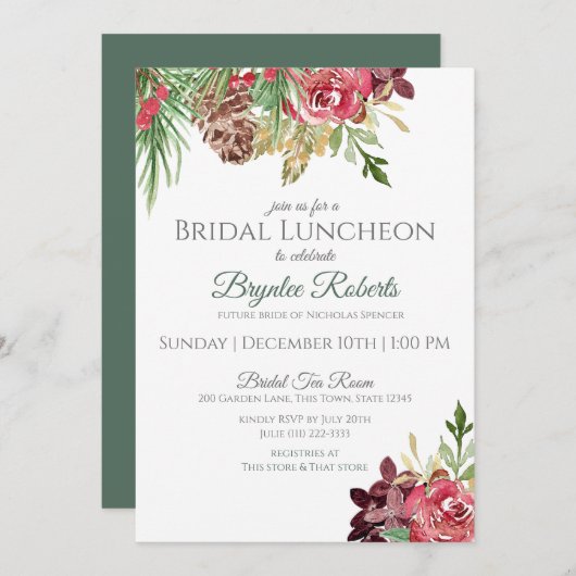 Pine and Berries Winter Floral Bridal Luncheon Einladung (Vorne/Hinten)
