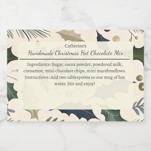 Pine and Holly Leaves Christmas Hot Chocolate Mix Lebensmitteletikett (Einzelnes Label)