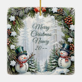Pine and Snowmen Custom Christmas Foto Square Keramikornament (Rückseite)
