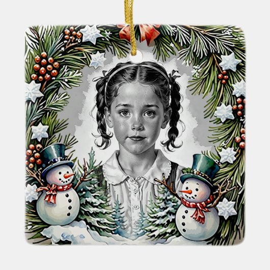 Pine and Snowmen Custom Christmas Foto Square Keramikornament (Vorderseite)