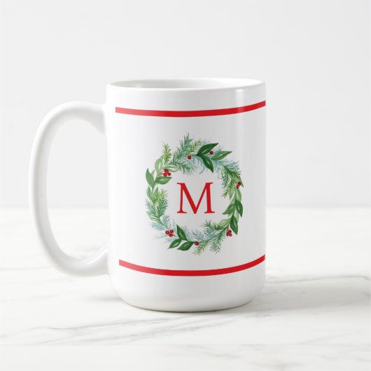 Pine Berries Watercolor Wreath Monogram Kaffeetasse (Links)