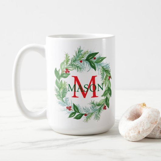 Pine Berries Wreath Monogram Weihnachtskaffee Tass Kaffeetasse (Mit Donut)
