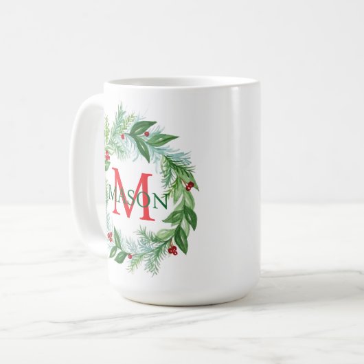 Pine Berries Wreath Monogram Weihnachtskaffee Tass Kaffeetasse (Vorderseite Links)