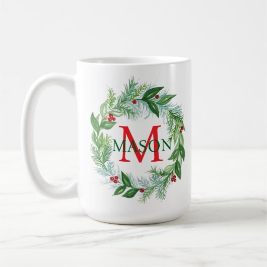 Pine Berries Wreath Monogram Weihnachtskaffee Tass Kaffeetasse (Links)