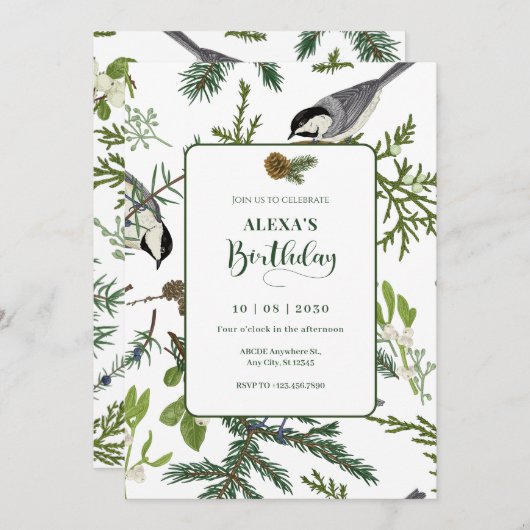 Pine Blätter Vogel Geburtstag Einladung (Vorne/Hinten)