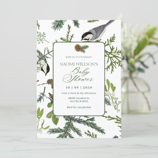 Pine Blätter Vogelbrause Einladung (Stehend Vorderseite)