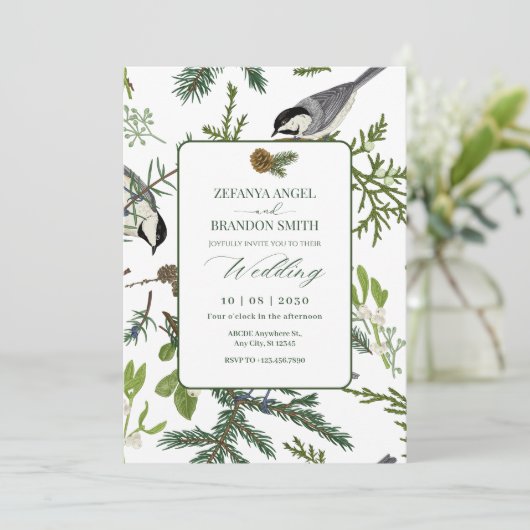 Pine-Blätter-Vogelhochzeit Einladung (Stehend Vorderseite)