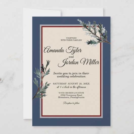 Pine Blue Winter Hochzeit Einladung (Vorderseite)