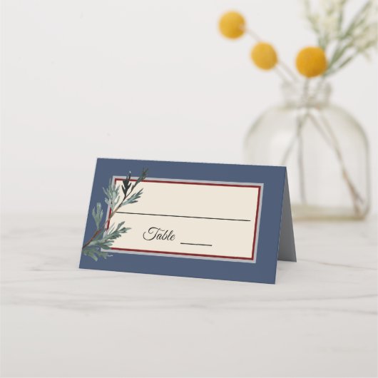 Pine Blue Winter Wedding Platzkarte Zelt (Vorderseite)