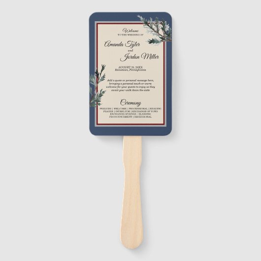Pine Blue Winter Wedding Program Hand Fan Fächer (Vorderseite)