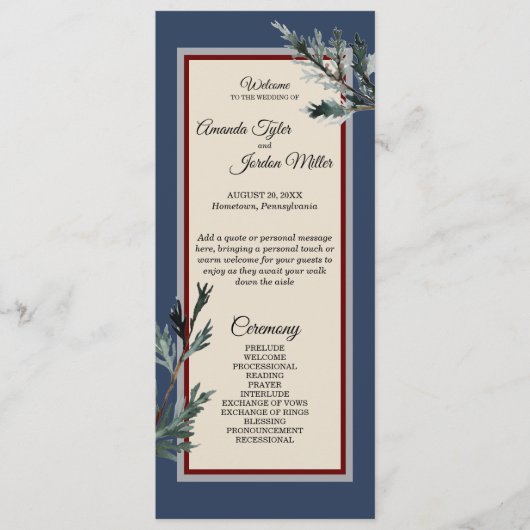 Pine Blue Winter Wedding Program Programm (Vorderseite)