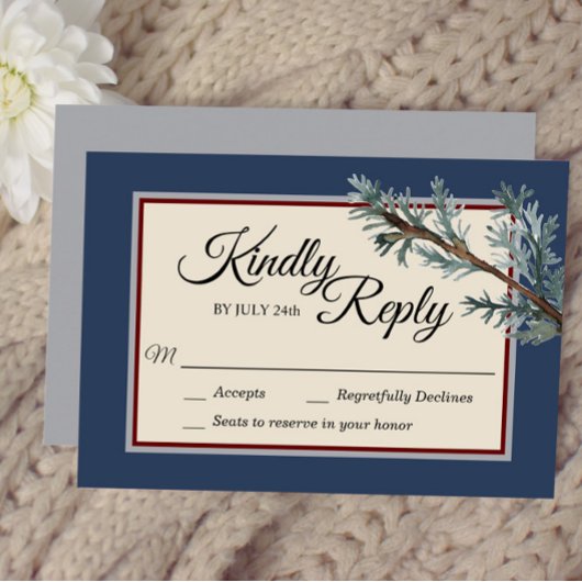 Pine Blue Winter Wedding Response Card RSVP Karte