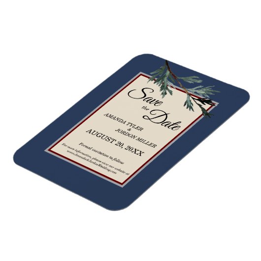 Pine Blue Winter Wedding Save the Date Magnet (Linke Seite)