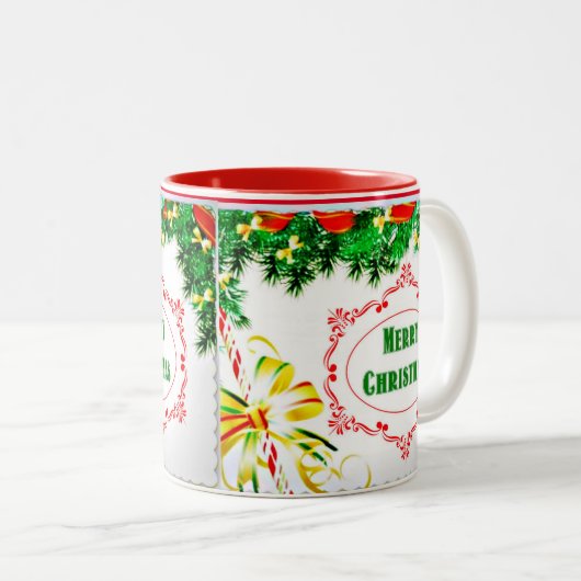Pine Bough Frohe Weihnachten Zweifarbige Tasse (VorderseiteRechts)