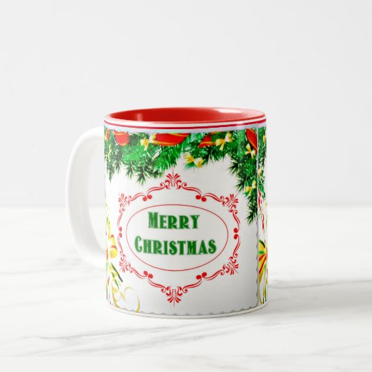 Pine Bough Frohe Weihnachten Zweifarbige Tasse (Vorderseite Links)