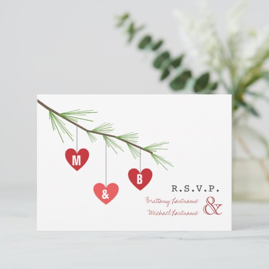 Pine Bough & Hearts Valentine's Wedding R.S.V.P. Einladung (Stehend Vorderseite)