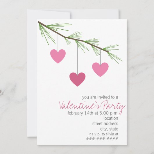 Pine Bough & Pink Hearts Valentins Party Einladung (Vorderseite)