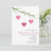 Pine Bough & Pink Hearts Valentins Party Einladung (Stehend Vorderseite)