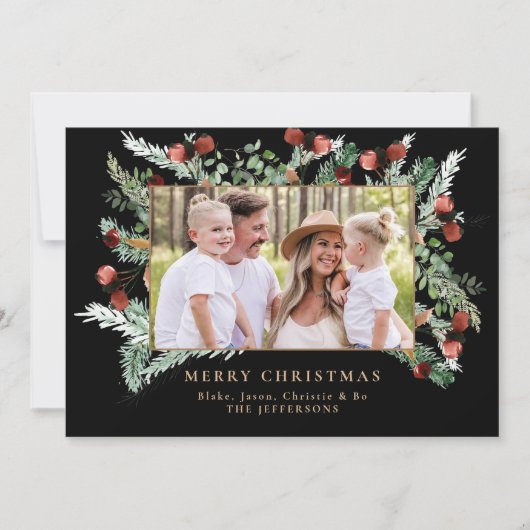Pine Boughs & Berries Foto Schwarzes Weihnachtsfes (Vorderseite)