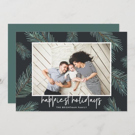 Pine Boughs | Happy Holidays Foto Feiertagskarte (Vorne/Hinten)